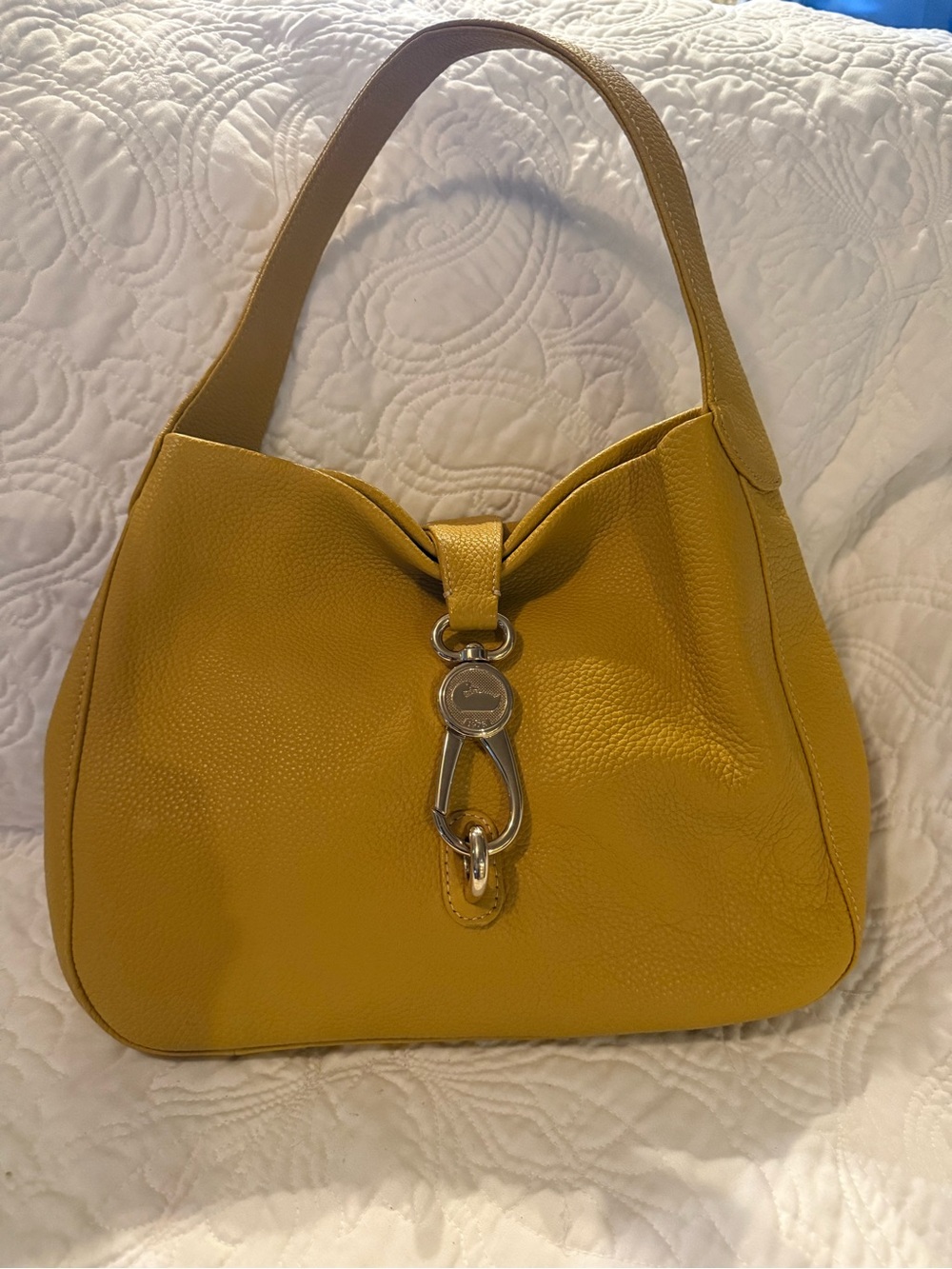 Dooney & Bourke Mustard Yellow Pebble Leather Shoulder Bag with Silver Hardware